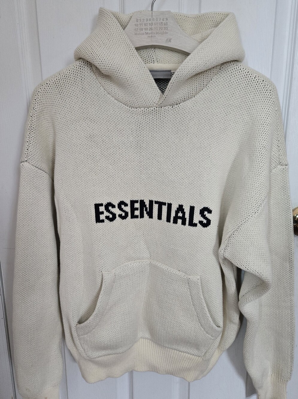 Essentials Men Cream Knit Hoodie Cardigan with Black ESSENTIALS Logo